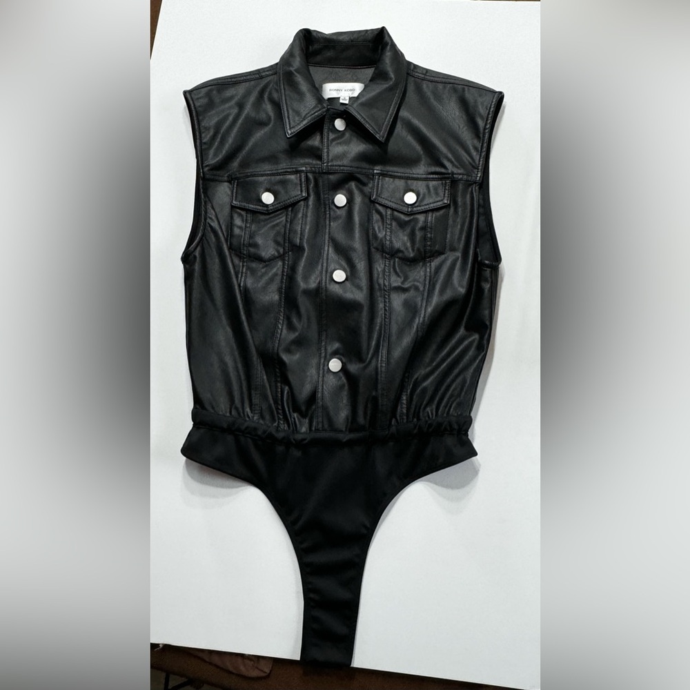 Ronny Kobo Carlyle Faux Leather Bodysuit in Jet Black - Picture 4 of 6